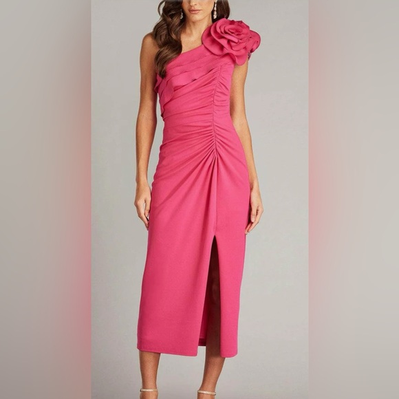 Tadashi Shoji BOS24101MD - Pike Draped Rosette Shoulder Sheath Dress NWT